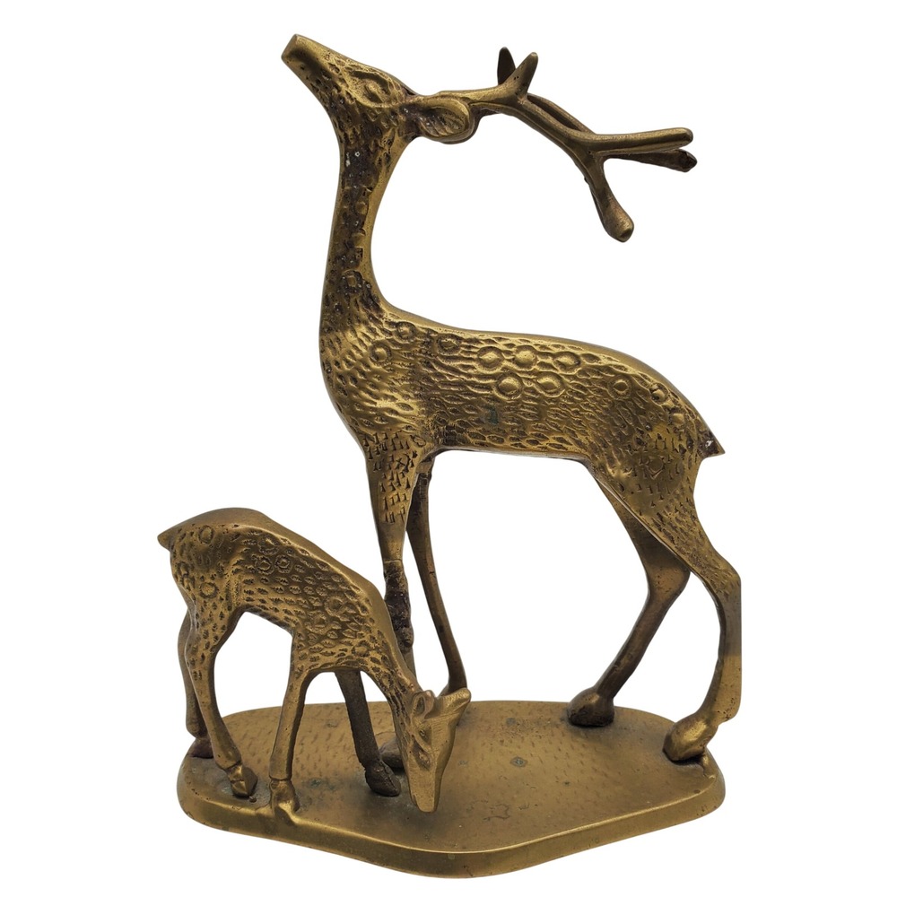 Solid Brass Deer Figurine Doe & Fawn Sculptural Animal Statue Vintage Textured - Picture 1 of 8
